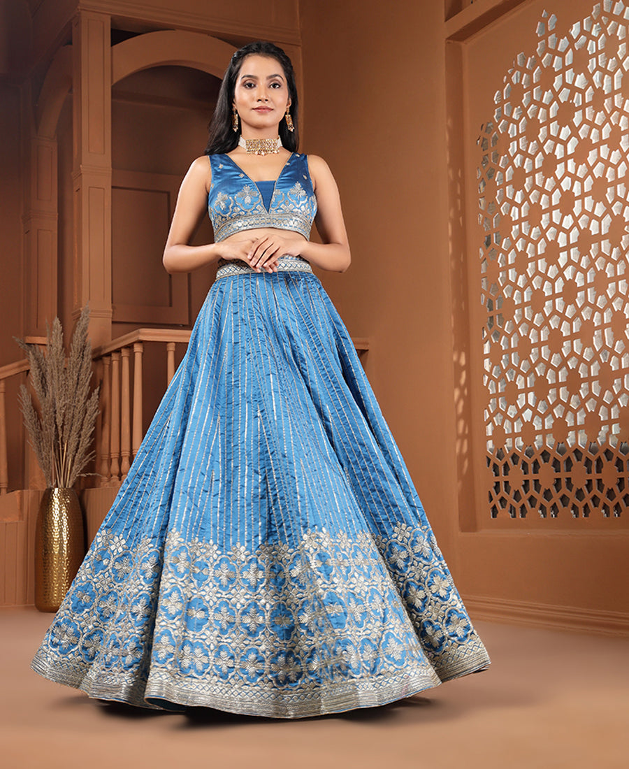 Blue Color Tapeta Silk Silver Zari and Sequins Work Lehenga Choli