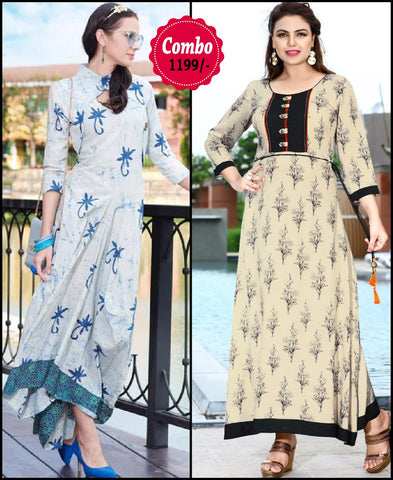 Multi color rayon print stitched kurti - Pack of 2