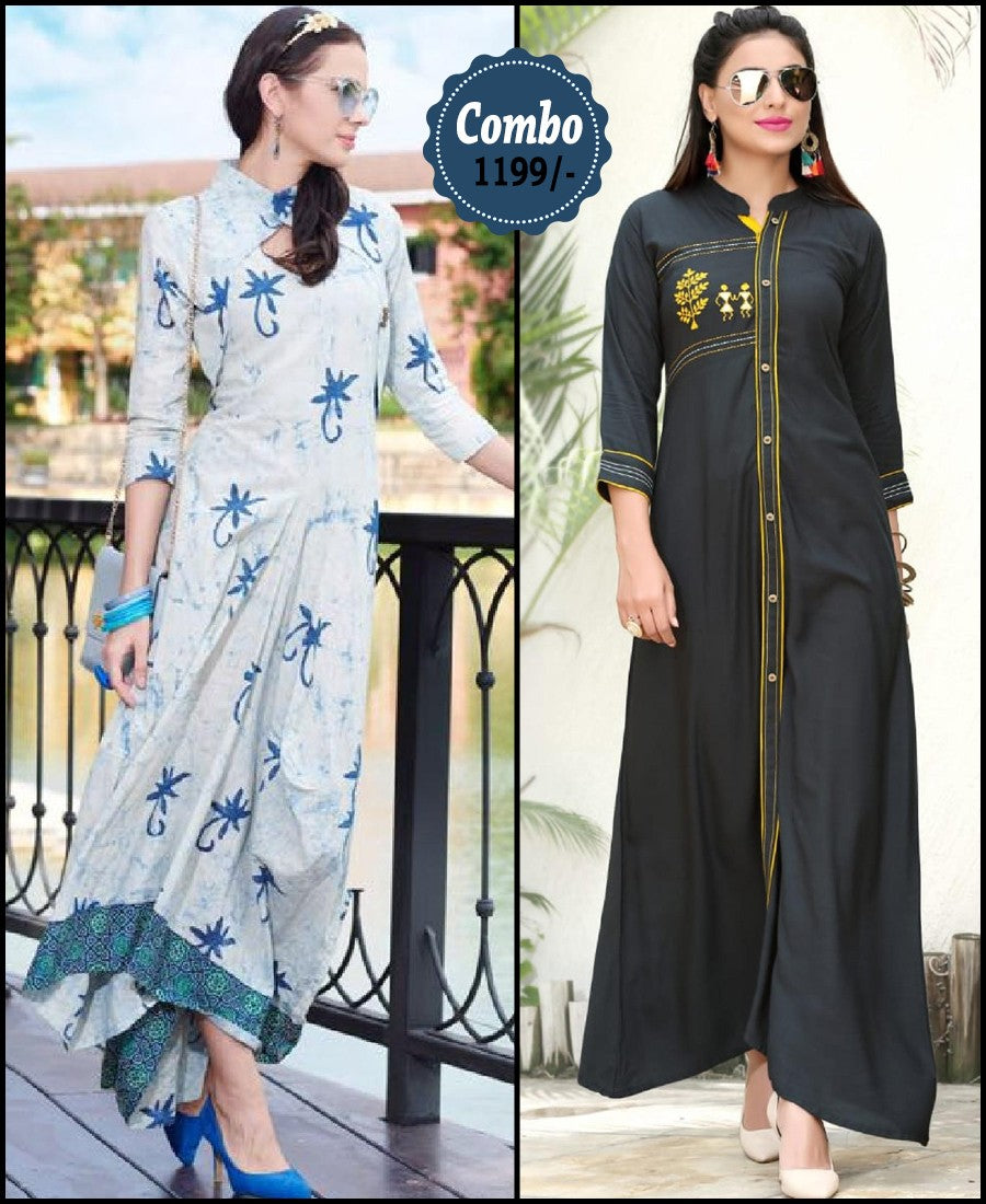 RE - Attractive multi and black color rayon print stitched kurti - Pack of 2