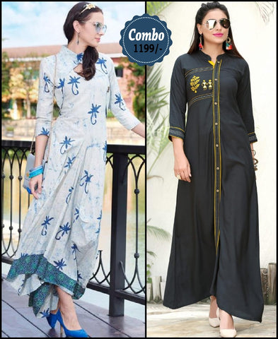 RE - Attractive multi and black color rayon print stitched kurti - Pack of 2