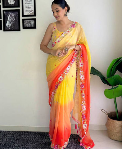 Sequins And Multicoloured Thread Work Georgette Saree