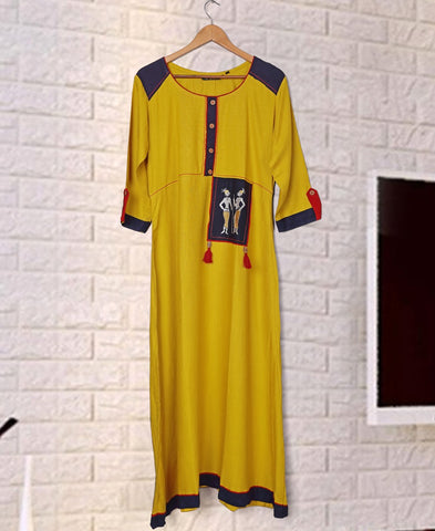 RE - Engaging Yellow slub rayon embellish stitch kurti