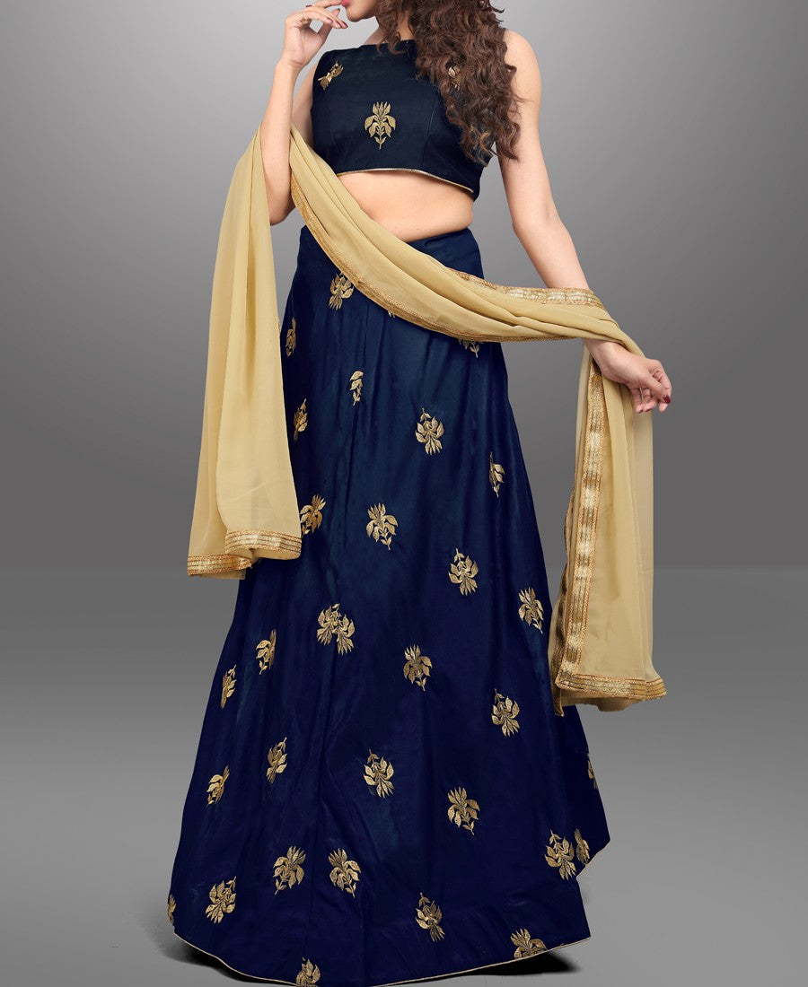 RE - Embroidered Dark blue taffeta silk lehenga choli