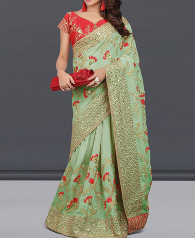 VF - Embellished Olive green two tone vichitra silk saree