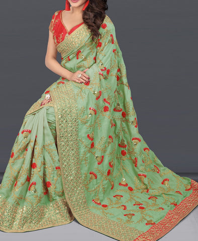 VF - Embellished Olive green two tone vichitra silk saree