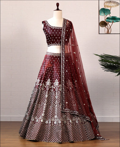 RE - Dark Maroon Coloured Taffeta Silk Embridered Work Lehenga Choli