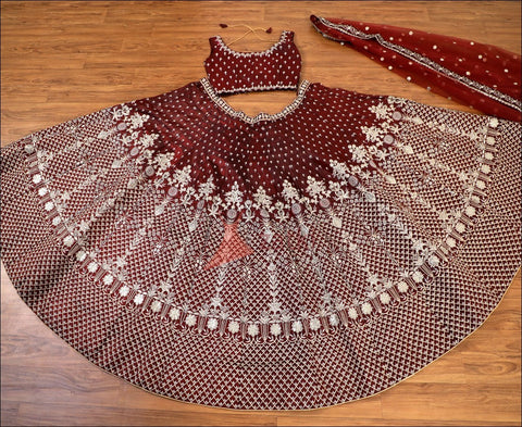 RE - Dark Maroon Coloured Taffeta Silk Embridered Work Lehenga Choli