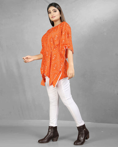 Bandhani Print Orange cotton Kaftan dress