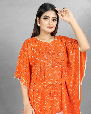 Bandhani Print Orange cotton Kaftan dress