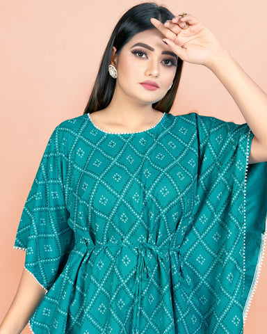 Bandhani Print Firozi cotton Kaftan dress