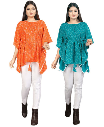 Combo of 2 Bandhani cotton Kaftan dress  (Orange and Firozi)