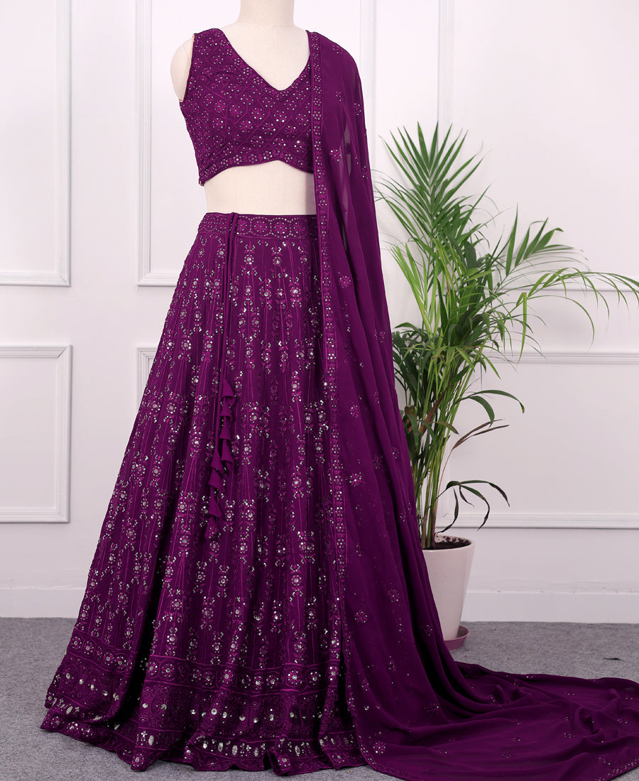 Wine Coloured Georgette Sequins Work Lehenga Choli
