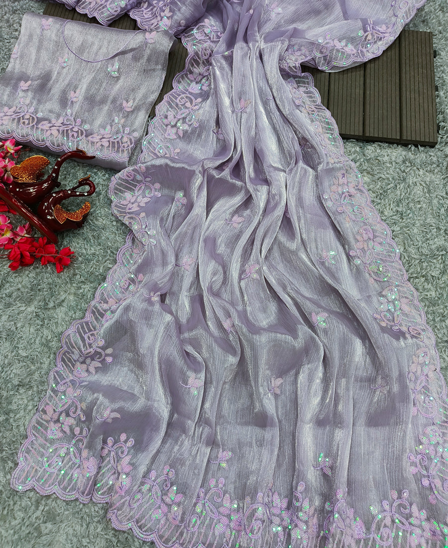Light Purple Berberry Silk Sequins Embroidery Work Saree