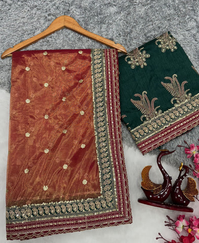 Red Sequins Embroidery Work With Lace Border Saree