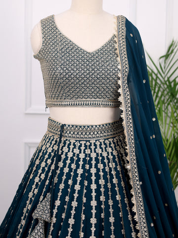 Bottle Green Georgette Sequins and Zari Work Lehenga Choli