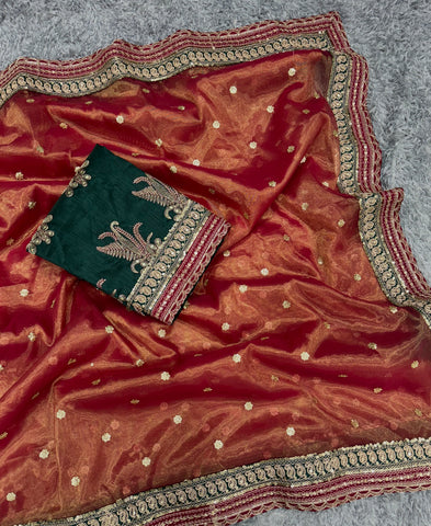 Red Sequins Embroidery Work With Lace Border Saree