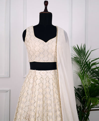 White Color Georgette Sequins Work Lehenga Choli