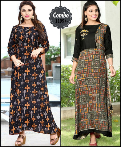 Attractive multi color rayon print stitched kurti - Pack of 2