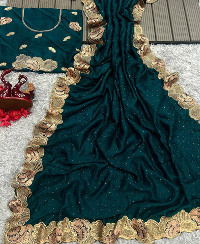 Vichitra Silk Sequins Embroidery Work And Diamond Work Saree