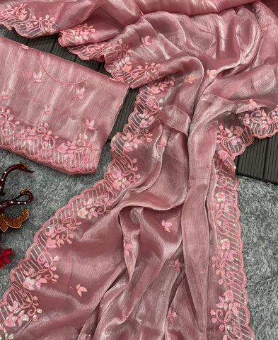 Peach Berberry Silk Sequins Embroidery Work Saree