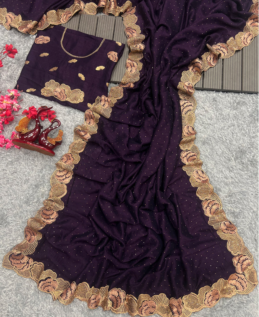 Vichitra Silk Sequins Embroidery Work And Diamond Work Saree
