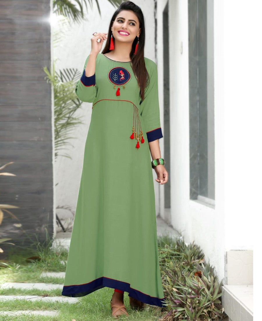 RE - Captivating Green slub rayon embellish stitch kurti