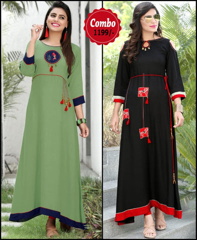 RE - Attractive green and black color rayon print stitched kurti - Pack of 2