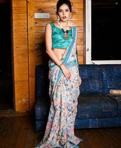 Multi Color Floral Print Georgette Saree