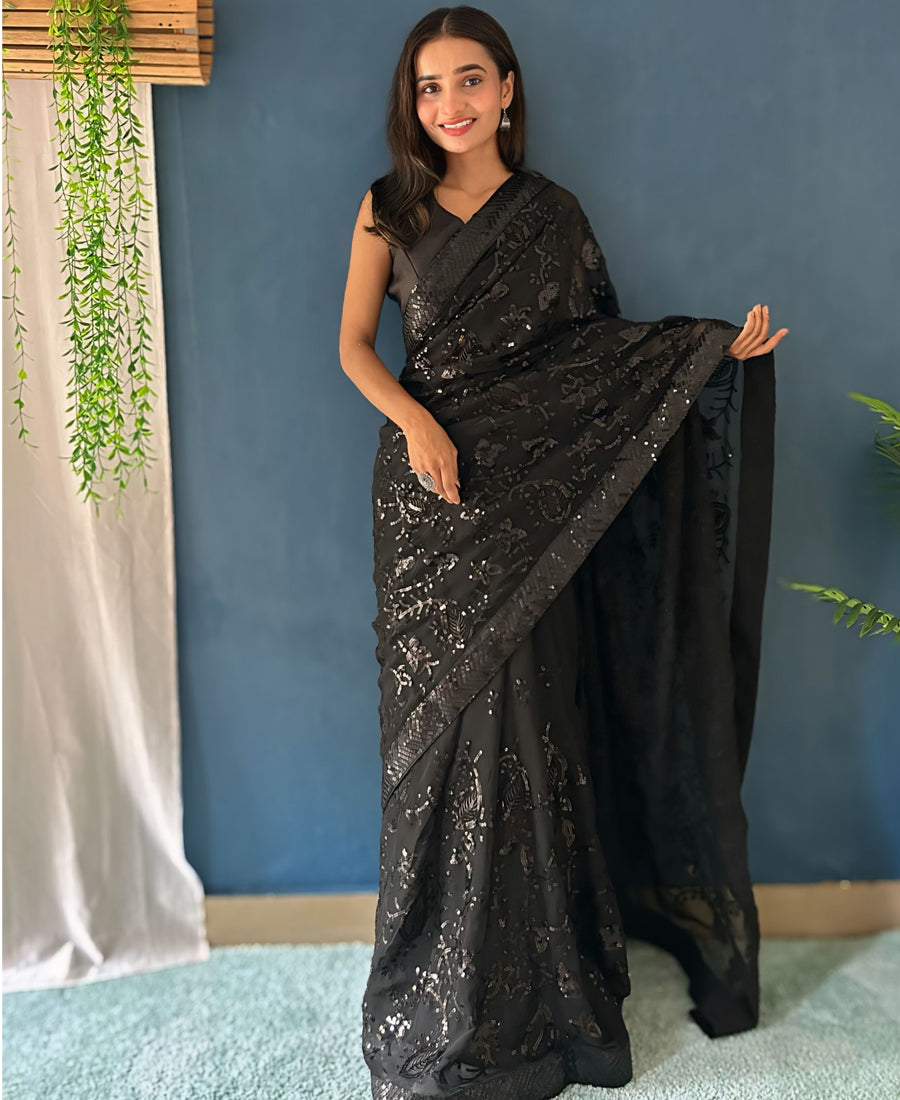 Georgette Black Color Sequins Work Black Saree
