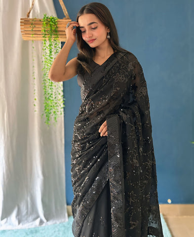 Georgette Black Color Sequins Work Black Saree