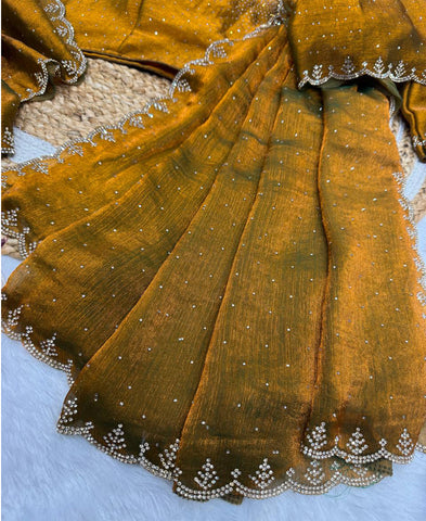 Beautiful Jarkhan Diamond Work In Frendy Chiffon Saree