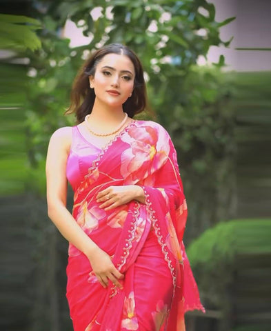 Tebby Organza Floral Print With Katdana And Pearls Handwork Saree