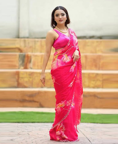 Tebby Organza Floral Print With Katdana And Pearls Handwork Saree