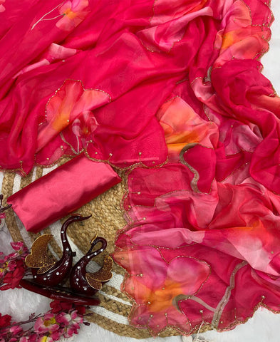 Tebby Organza Floral Print With Katdana And Pearls Handwork Saree
