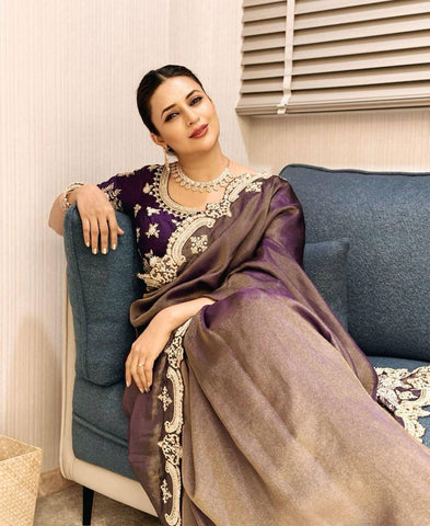 Copper Gold Weave Silk  Sequins And Zari Embroidery Saree