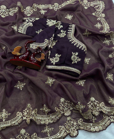 Copper Gold Weave Silk  Sequins And Zari Embroidery Saree