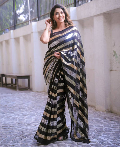 Georgette Beautiful Triple Sequence Embroidery Work Saree