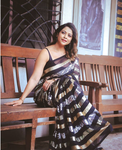 Georgette Beautiful Triple Sequence Embroidery Work Saree