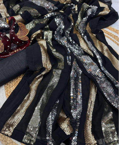 Georgette Beautiful Triple Sequence Embroidery Work Saree