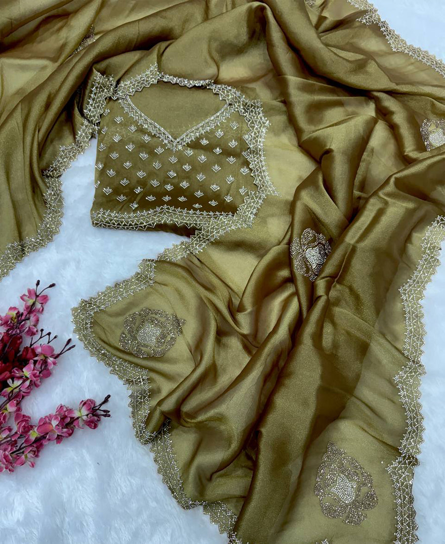 Coper Silk Jarkhan Diamond Work Saree