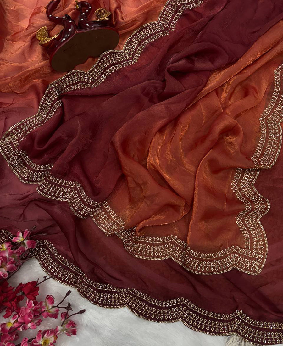 Satin Silk Shaded Diamond Jarkhan Work Saree