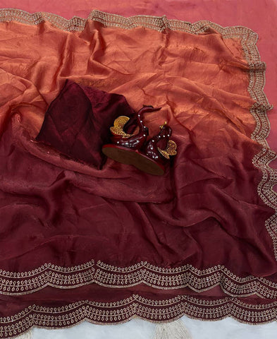 Satin Silk Shaded Diamond Jarkhan Work Saree