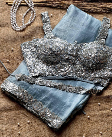 Space Silk Sequins And Dori Embroidery Work Saree