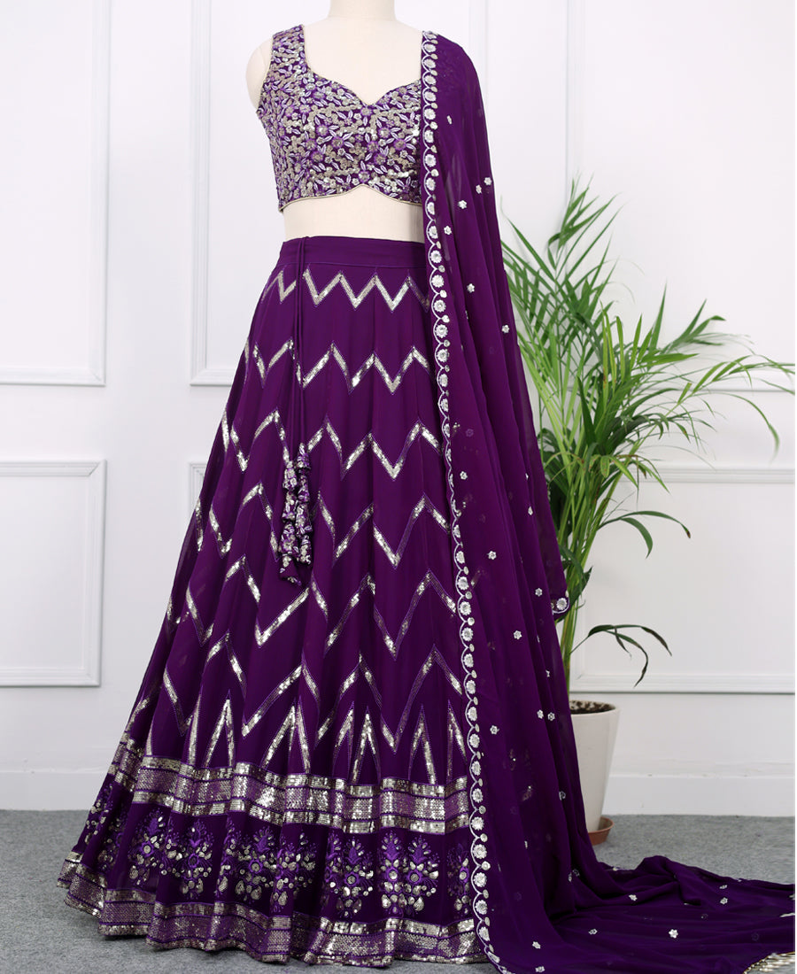 Deep Purple Georgette Sequins Work Lehenga Choli