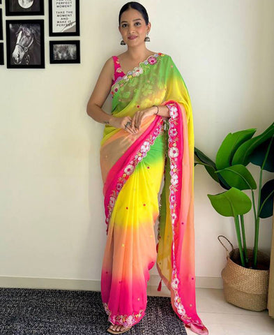 Sequins And Multicoloured Thread Work Georgette Saree