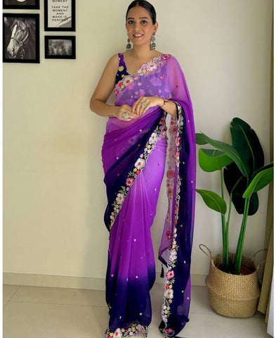 Purple Color Thread And Sequins Work Georgette Saree