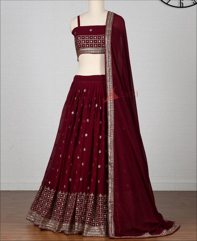 Moroon Colored Georgette Sequence Work Lehenga Choli