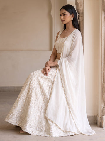 RE - White Partywear Embroidered Work Georgette Lehenga Choli