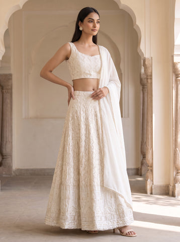 RE - White Partywear Embroidered Work Georgette Lehenga Choli
