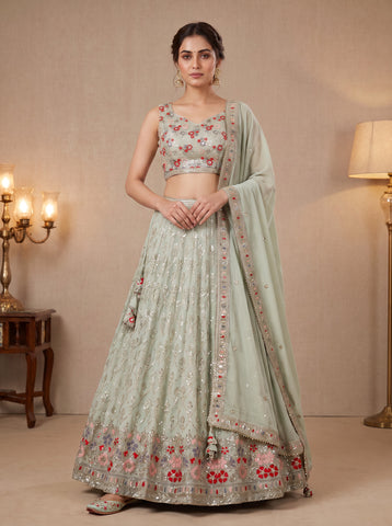 Light Green Color Sequins Embroidery Work Semi-Stiched Lehenga Choli